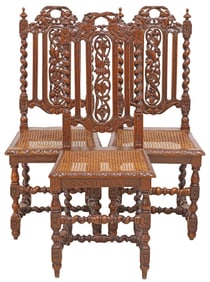 (3) FRENCH HENRI II STYLE CARVED OAK CANED DINING CHAIRS