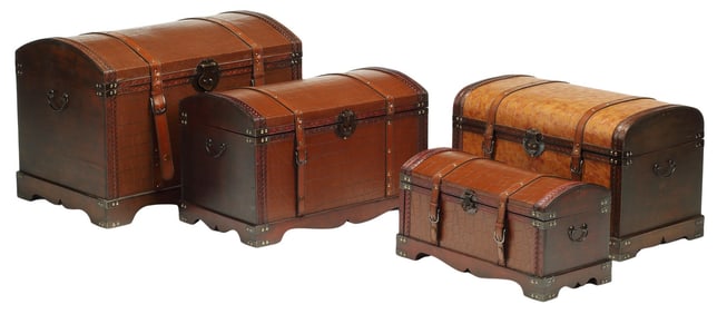 (4) DECORATIVE WOOD & FAUX LEATHER-CLAD STORAGE TRUNKS