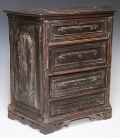 DIMINUTIVE CONTINENTAL LIFT-TOP CARVED CHEST OF DRAWERS