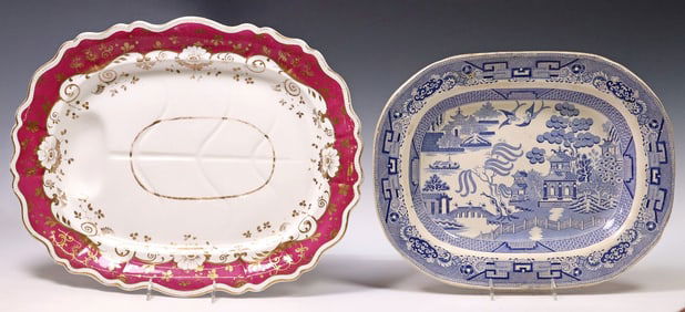 (2) ENGLISH STAFFORDSHIRE WELL-AND-TREE & 'BLUE WILLOW' PLATTERS