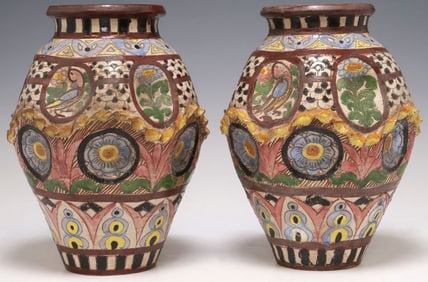 (2) ITALIAN SGRAFFITO-DECORATED MAJOLICA DIMPLED VASES