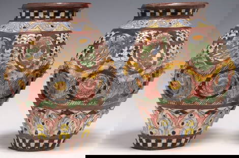(2) ITALIAN SGRAFFITO-DECORATED MAJOLICA DIMPLED VASES: (pair) Italian sgraffito-decorated majolica vases, 20th c., each having rolled rim over tapered body with recessed dimples, various painted birds, flowers, and geometric motifs,&nbsp;incised 200910 un
