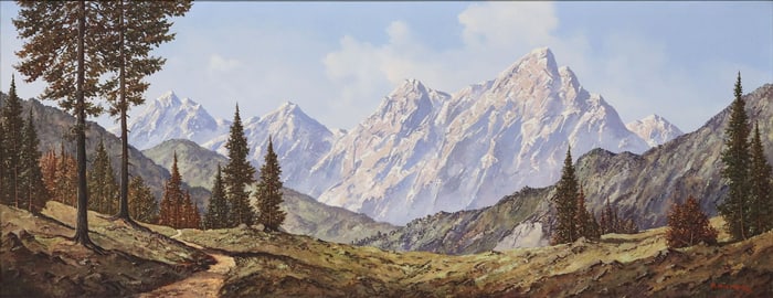 PETER HALLER (B.1911) ALPINE MOUNTAIN LANDSCAPE, 27.5" X 71"