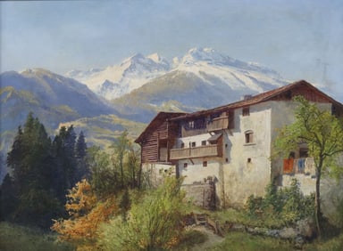 KONRAD PETRIDES (1864-1943) OIL PAINTING, ALPINE LANDSCAPE WITH CABIN