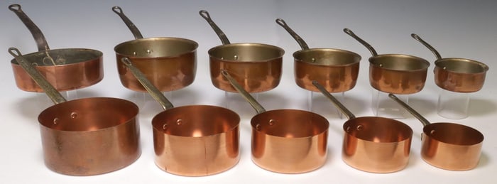 (11) FRENCH GRADUATED COPPER SAUCEPANS, TWO SETS