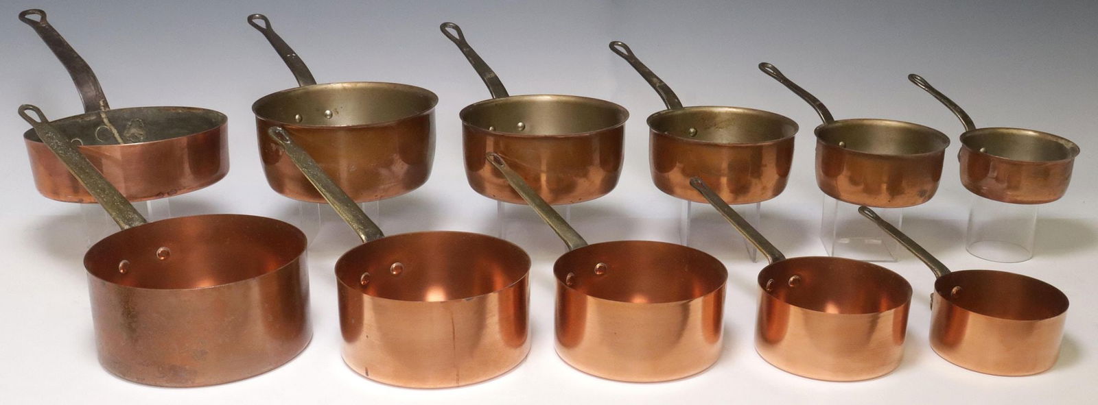 (11) FRENCH GRADUATED COPPER SAUCEPANS, TWO SETS (1 of 4)