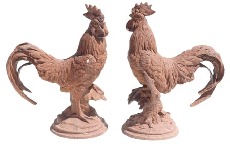 (2) CAST IRON FIGURES OF ROOSTERS/ COCKERELS, 16"H