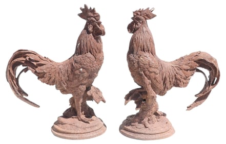 (2) CAST IRON FIGURES OF ROOSTERS/ COCKERELS, 16"H