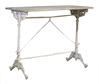 CONTINENTAL MARBLE-TOP WHITE CAST IRON BISTRO TABLE