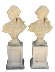 (2) CAST STONE GARDEN STATUARY JASMINE BUSTS ON PLINTHS