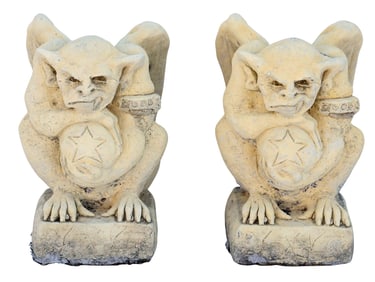 (2) CAST STONE GARDEN STATUARY WINGED GARGOYLES