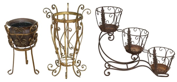 (3) ITALIAN WROUGHT IRON PLANTERS & UMBRELLA STAND