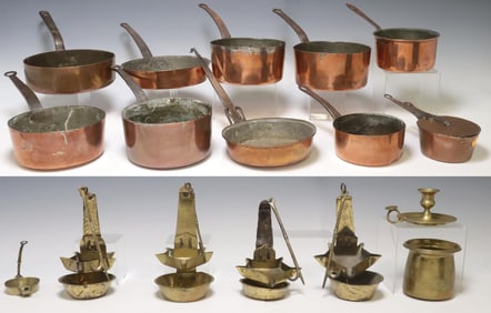 (17) BRASS & COPPER HOUSEWARE, CRUSIE LAMPS & SAUCEPANS