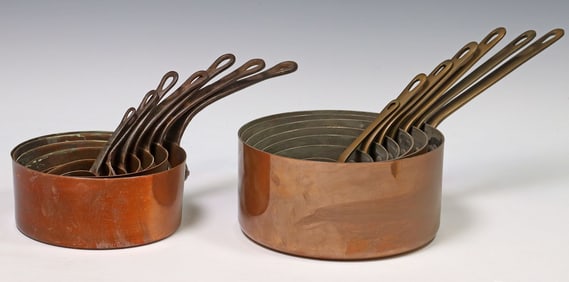 (14) FRENCH GRADUATED COPPER SAUCEPANS, TWO SETS