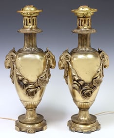 (2) NEOCLASSICAL STYLE GILT METAL OIL LAMPS, NOW 1-LT TABLE LAMPS