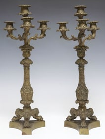(2) FRENCH RENAISSANCE REVIVAL PATINATED BRONZE 4-LT CANDLESTICKS