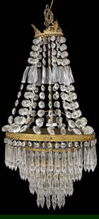 ITALIAN EMPIRE STYLE 'SAC DE PEARL' CRYSTAL BEADED CEILING LIGHT: Italian Empire style &quot;sac de pearl&quot; crystal ceiling light, 20th c., concentric tiers of circular gilt metal rings with embossed scrollwork, hung with beaded crystal swag and faceted drops, c