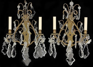 (2) ITALIAN BRONZE & CRYSTAL SCROLLED 2-LIGHT WALL SCONCES