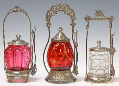 (3) AMERICAN VICTORIAN SILVERPLATE & GLASS PICKLE CASTORS