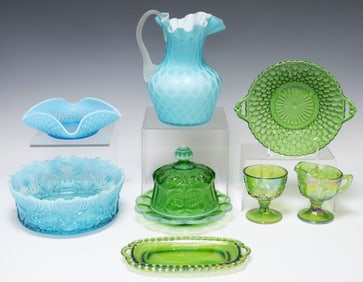 (8) COLLECTION OF COLORED, OPALESCENT, SATIN & PRESSED GLASS TABLEWARE