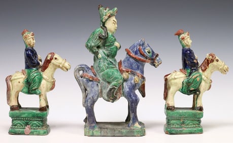 (3) CHINESE POLYCHROME GLAZED EQUESTRIAN FIGURES