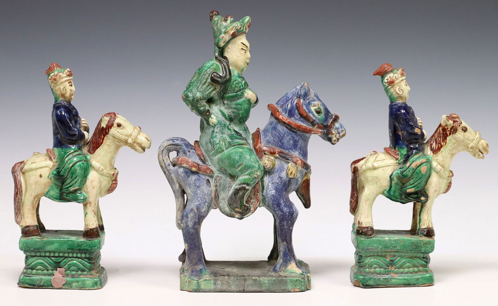 (3) CHINESE POLYCHROME GLAZED EQUESTRIAN FIGURES (1 of 4)