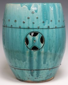 CHINESE EARTHENWARE TEAL  GLAZED GARDEN SEAT