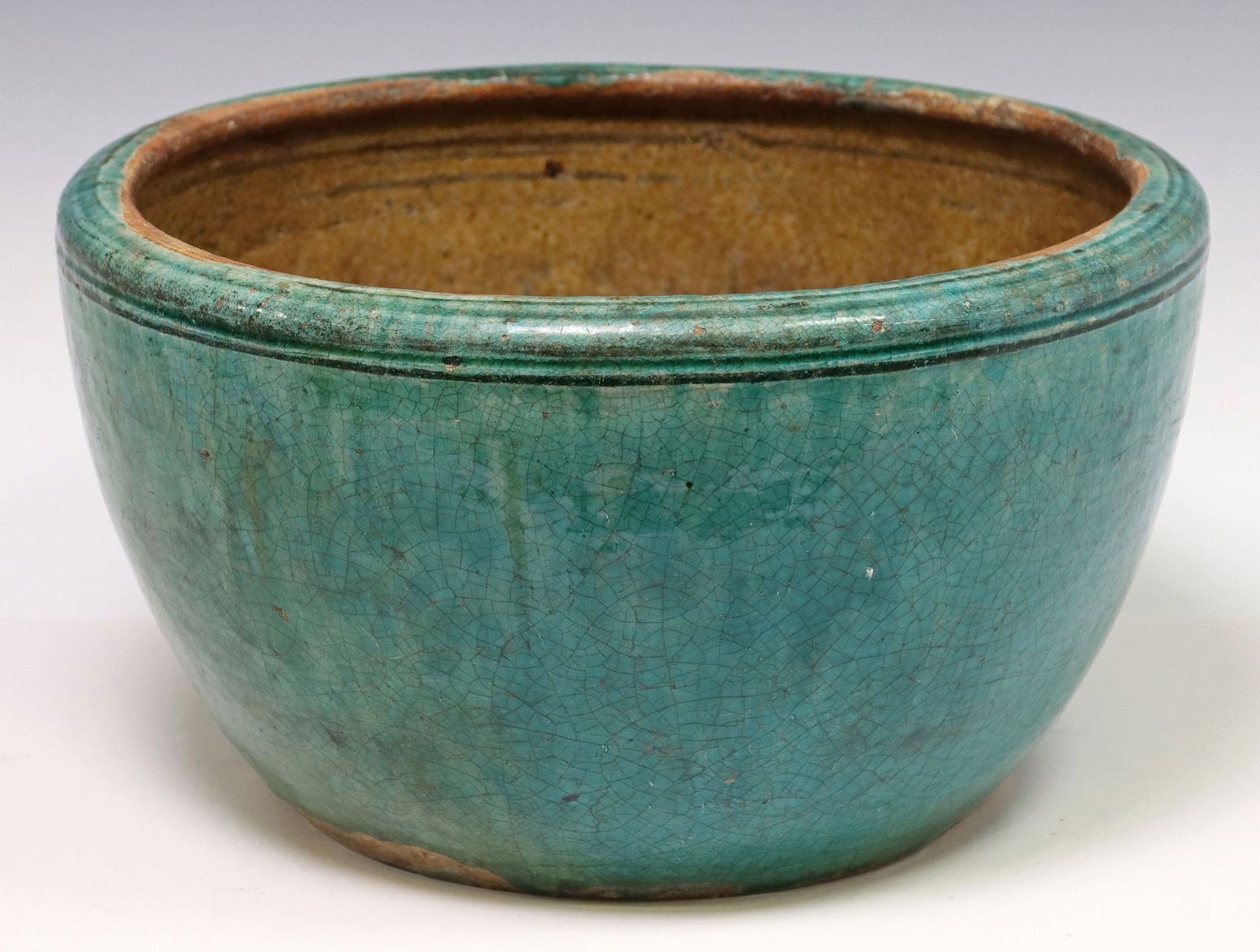 CHINESE TEAL GLAZED EARTHENWARE FISHBOWL/ PLANTER: Chinese teal glazed earthenware fishbowl / planter, approx 7 7/8"h, 14"diam, 10lbs