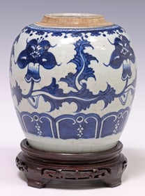 CHINESE BLUE & WHITE PORCELAIN FLORAL MELON JAR