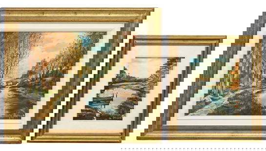 (2) G. TRANQUILLO (20TH C.) LANDSCAPE PAINTINGS: (lot of 2) Framed oil on canvas paintings, signed lower right G. Tranquillo (Italian, 20th c.), including: (1) Landscape with Dock, sight: approx 11.25&quot;h, 8.75&quot;w, overall: 19.25&quot;h, 16.7