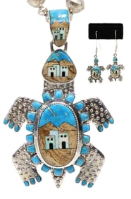 (2) SOUTHWEST STYLE STERLING & MULTISTONE TURTLE NECKLACE & EARRINGS