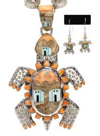 (2) SOUTHWEST STYLE STERLING & MULTISTONE TURTLE NECKLACE & EARRINGS