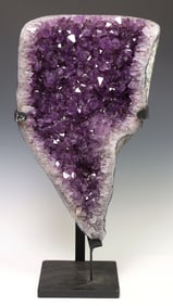 LARGE GEOLOGICAL AMETHYST GEODE SPECIMEN ON METAL STAND, 25"H