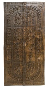 LARGE RELIEF-CARVED TEAKWOOD ARCHITECTURAL PANEL, 73.5"H
