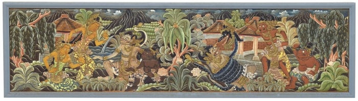 FRAMED INDONESIAN POLYCHROME CARVED WOOD PANEL