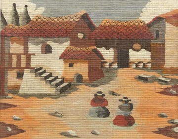 FRAMED PERUVIAN FOLK ART COILED WOOL TAPESTRY, VILLAGE SCENE