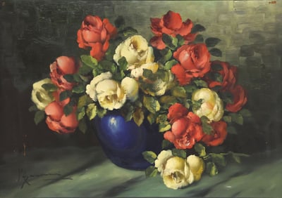 MARIO SALIMBENI (1874-1942) OIL PAINTING, FLORAL STILL LIFE, 19.25" X 27.25"