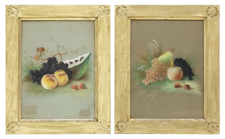 (2) JOHN S. BOWER (19TH C.) FOLK ART PASTEL STILL LIFE OF FRUIT