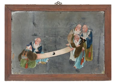 FRAMED CHINESE FIGURAL REVERSE PAINTING ON MIRRORED GLASS
