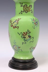 CHINESE APPLE GREEN 'BUDDHIST EMBLEMS' PORCELAIN VASE TABLE LAMP