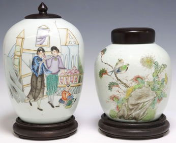 (2) CHINESE FAMILLE ROSE PORCELAIN LIDDED MELON JARS
