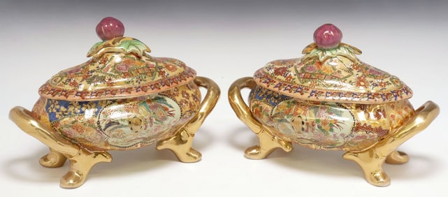 (2) SATSUMA STYLE PARCEL GILT PORCELAIN LIDDED TUREENS