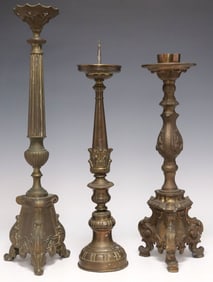 (3) CONTINENTAL PATINATED METAL CANDLESTICKS & PRICKET
