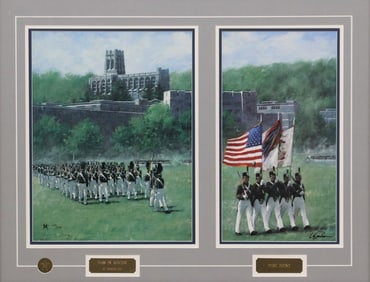 FRAMED OFFSET MILITARY ACADEMY PRINTS, 'PASS IN REVIEW' & 'WEST POINT'