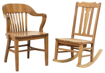 (2) AMERICAN OAK SEWING ROCKER & DESK ARMCHAIR