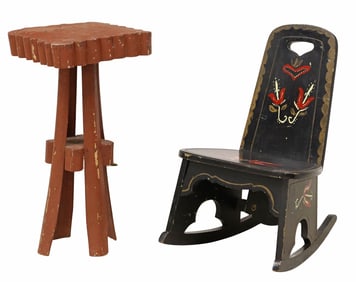 (2) AMERICAN CHILD'S ROCKER & TRAMP ART PALM FROND SIDE TABLE