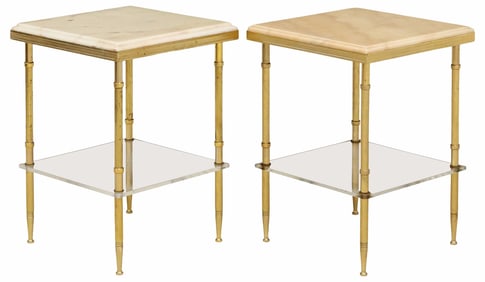 (2) FRENCH MAISON JANSEN STYLE MARBLE-TOP BRASS SIDE TABLES