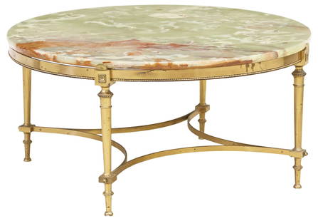 FRENCH ONYX-TOP BRASS COFFEE TABLE: French brass coffee table, mid 20th c., having circular onyx top, over beaded trim rising on tapered legs joined by curved stretchers, approx 15.25"h, 31.5"diam