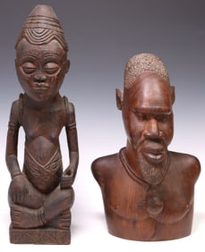 (2) AFRICAN CARVED WOOD PORTRAIT FIGURE & BUST