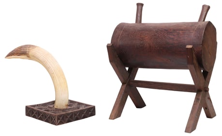 (2) AFRICAN SLIT DRUM & HIPPOPOTAMUS TOOTH